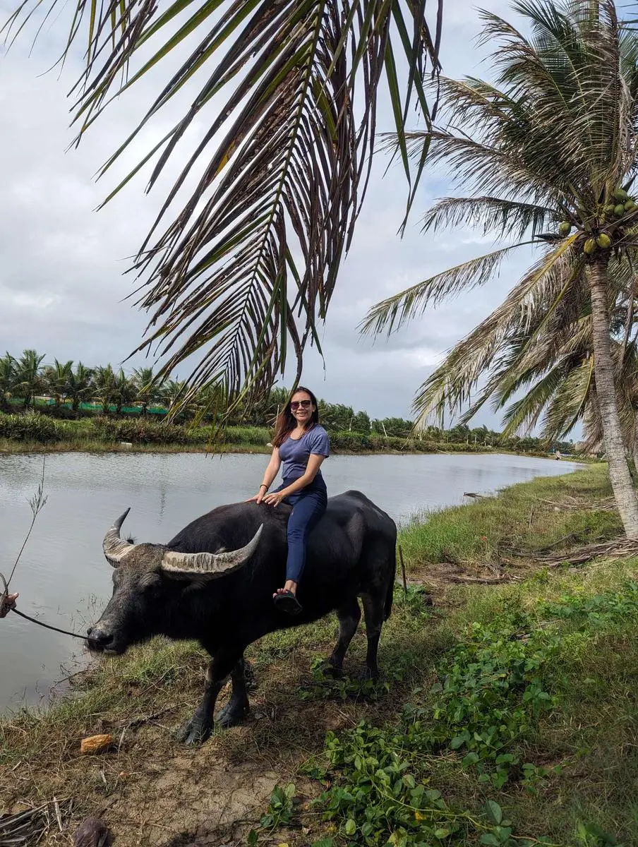 Travelers cycling past yellow merchant houses in Hội An