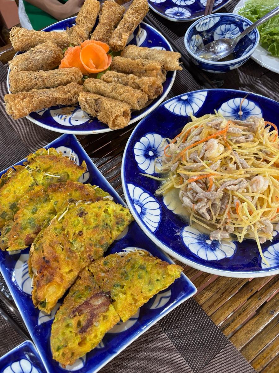 Close-up of completed dishes ready to eat